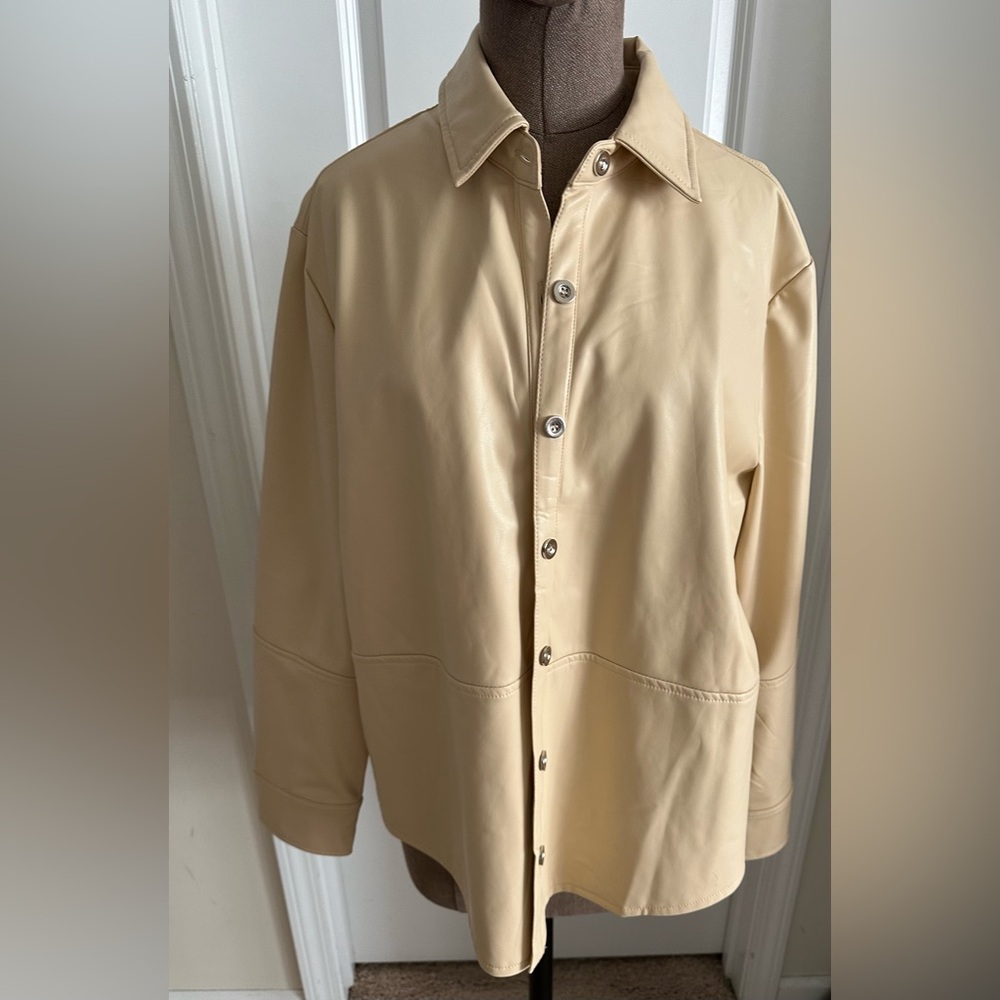 Cream button down faux leather top